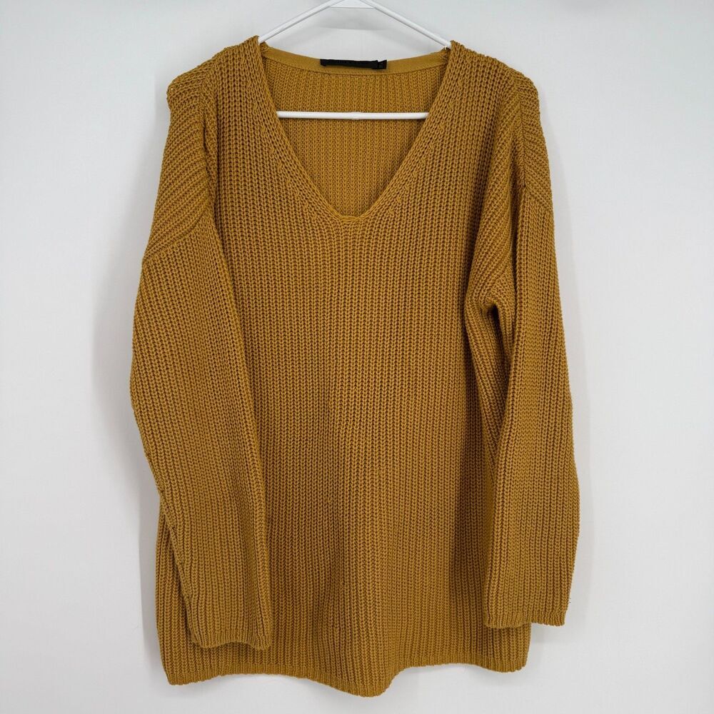 Jenni Kayne Mustard Yellow Cabin Cable Knit Sweater Organic Cotton V Neck Size M